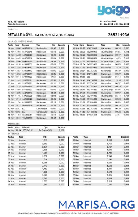 Blank Spain Yoigo internet business utility bill in Word and PDF formats, 3 page download for verification